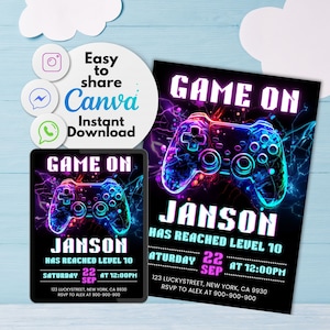 Bearbeitbare Videospiel-Geburtstagseinladung, druckbare Neon Glow Boy Gamer Party einladen, Level Up Geburtstag einladen, Familiennacht, Einladungsvorlage