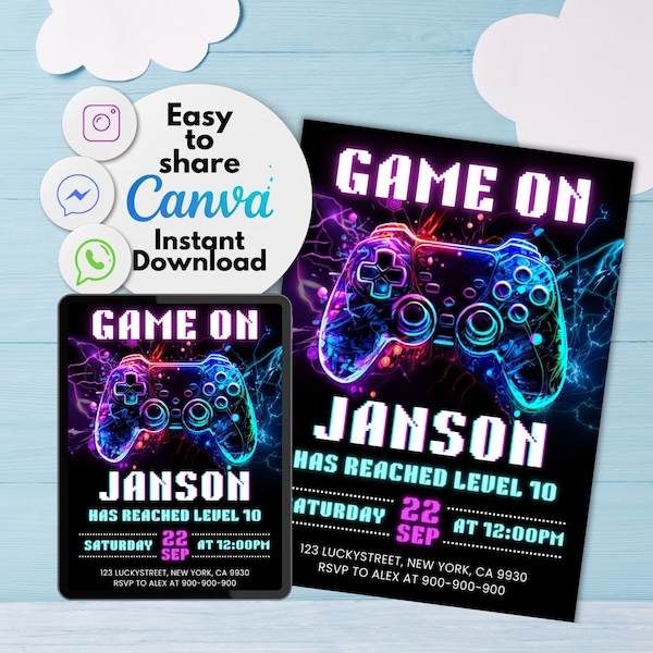 Bearbeitbare Videospiel-Geburtstagseinladung, druckbare Neon Glow Boy Gamer Party einladen, Level Up Geburtstag einladen, Familiennacht, Einladungsvorlage