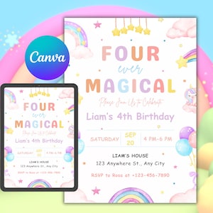 Faire-part 4e anniversaire Licorne modifiable | Invitation à une fête magique pour quatre personnes | Modèle pastel d&#39;anniversaire de fille arc-en-ciel | Téléchargement instantané | Toile