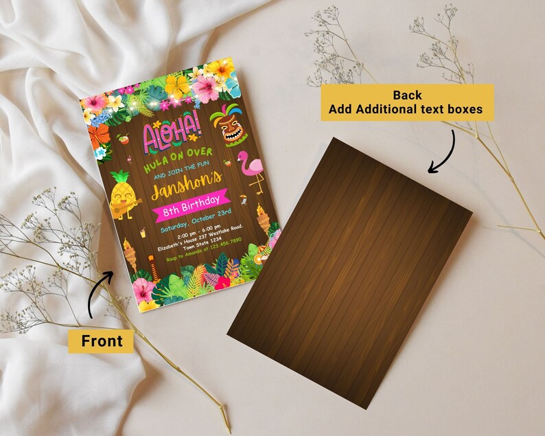 May include: A colorful invitation for a luau themed 8th birthday party. The invitation features a pineapple, a tiki mask, a flamingo, and the text "Aloha! Hula on over and join the fun Janshon's 8th Birthday Saturday, October 23rd 2:00-6:00pm House 123 Warwick Road Town State 1234 RSVP to Amanda at 123.456.7800"
