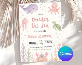 Under the Sea 1st Birthday Invitation: Girl Ocean Animals, Editable Canva Template (Digital Download)