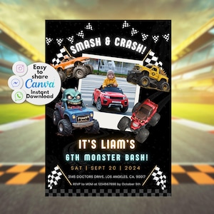 Editable Monster Truck Birthday Invitation | Boys 2nd Birthday Invite | Monster Jam Party | Watercolor Trucks Theme | Canva Template
