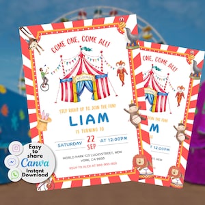Convite de aniversário de carnaval, convite de aniversário de circo, etiqueta de agradecimento de circo de carnaval, convite de carnaval, modelo editável