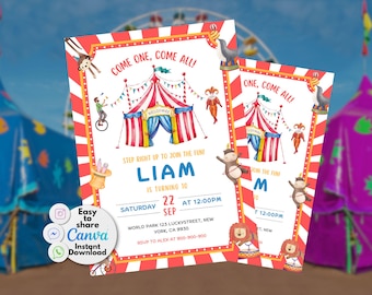 Verjaardagsuitnodiging Carnival Circus, bewerkbare sjabloon (digitale download)