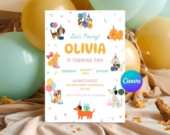 May include: A party invitation with the text "Let's Pawty! OLIVIA IS TURNING TWO". The invitation features cartoon dogs with party hats and balloons. The invitation also includes the date, time, and location of the party.