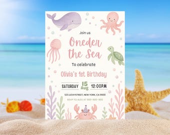 Invitación para primer cumpleaños bajo el mar / Fiesta de niña, Animales del océano (Plantilla editable de Canva)