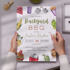 Op de afbeelding: Een aquarel uitnodiging voor een barbecue in de achtertuin bij de residentie van Janghon op zaterdag 22 september om 14:00 uur. De uitnodiging heeft een groene en bruine achtergrond met illustraties van eten en drinken, waaronder ma&iuml;s op de kolf, watermeloen, druiven, limonade, hamburgers en een grill.