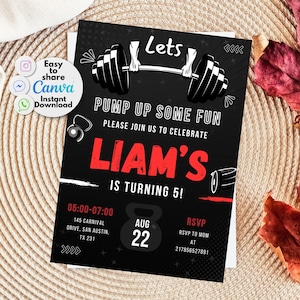 Editable Fitness Gym Birthday Invitation, Digital Kids Party Invite, Printable Birthday Party Invitations, 5x7, CrossFit Party, Canva