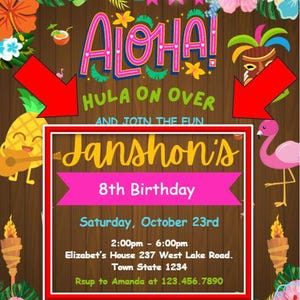 May include: A colorful invitation for an 8th birthday party with a tropical theme. The invitation features a wooden background with tropical flowers and leaves, a pineapple, a tiki mask, and a flamingo. The text on the invitation reads "Aloha! Hula on Over and Join the Fun Janshon's 8th Birthday Saturday, October 23rd 2:00pm - 6:00pm Elizabet's House 237 West Lake Road. Town State 1234 Rsup to Amanda at 123.456.7890"