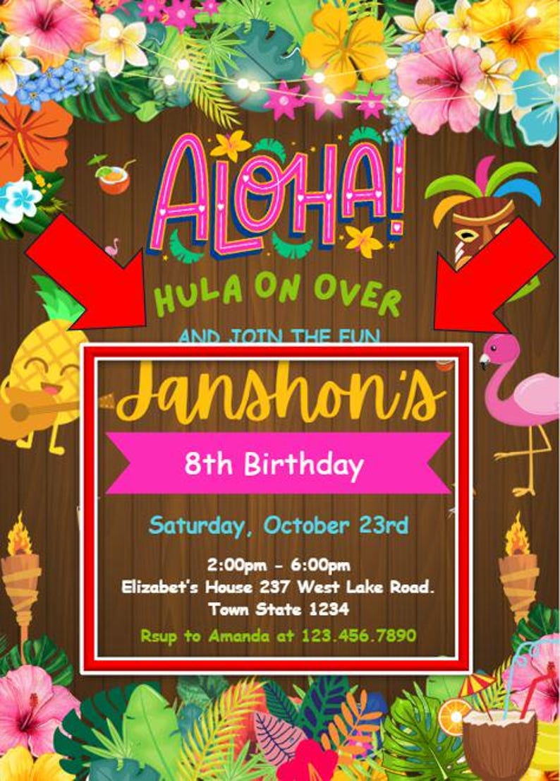 May include: A colorful invitation for an 8th birthday party with a tropical theme. The invitation features a wooden background with tropical flowers and leaves, a pineapple, a tiki mask, and a flamingo. The text on the invitation reads "Aloha! Hula on Over and Join the Fun Janshon's 8th Birthday Saturday, October 23rd 2:00pm - 6:00pm Elizabet's House 237 West Lake Road. Town State 1234 Rsup to Amanda at 123.456.7890"