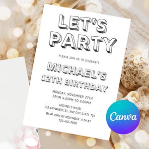 May include: A white birthday party invitation with the text "Let's Party" in bold, 3D-style lettering. The invitation is for Michael's 12th birthday and includes the date, time, location, and RSVP information.