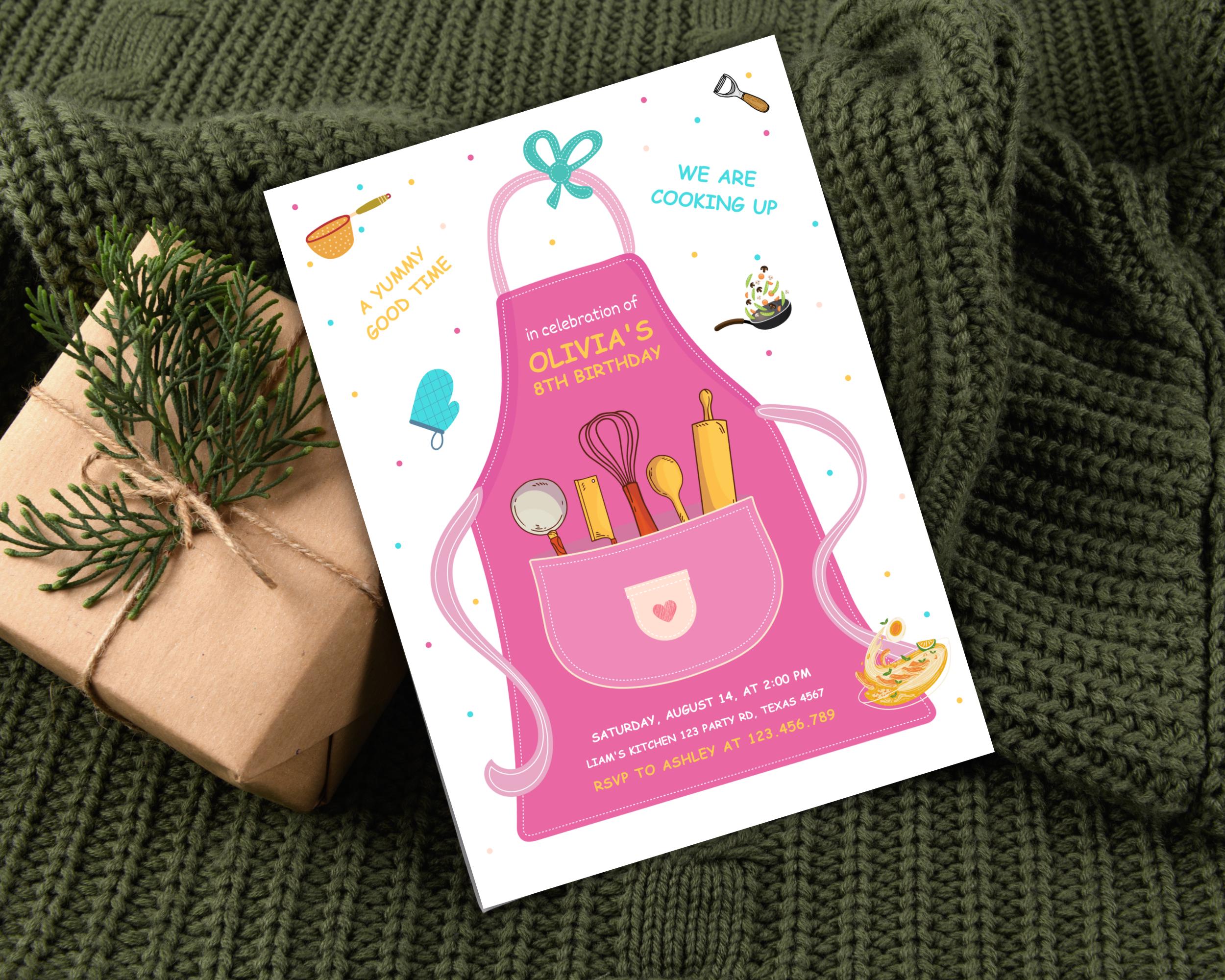 Printable Cooking Birthday Invitation, Pink Chef Apron, Editable Canva ...