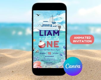 Bewerkbaar ofishally één 1e verjaardagsuitnodiging, buitenmeervis, sjabloon met afbeelding, reel leuk jagen, Boy O-Fish-Ally Gone Fishing