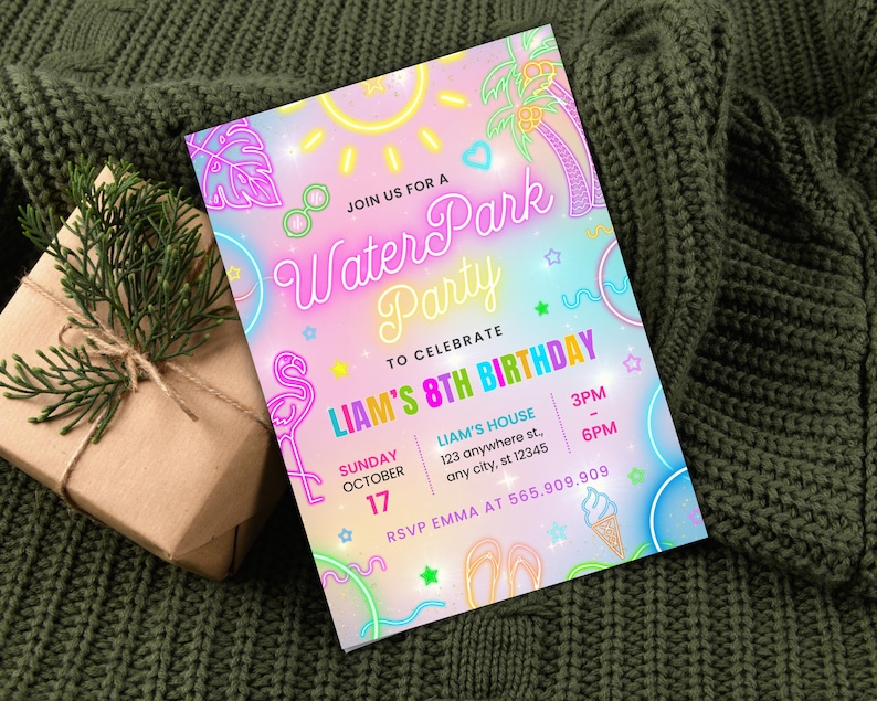 Editable Water Park Party Invitation, Birthday Invite, Glow Neon