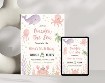 Oneder the Sea Birthday Invitation: Girl's 1st Birthday, Ocean Animals (Canva Template)