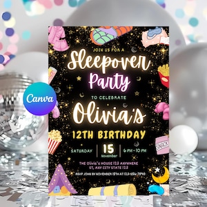 May include: A black and gold sleepover party invitation with a cartoon illustration of a sleeping mask, a tent, and a popcorn bucket. The text on the invitation reads "Join us for a Sleepover Party to celebrate Olivia's 12th Birthday".