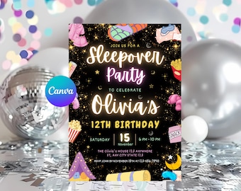 Editable Sleepover Birthday Invitation, Retro Neon, Printable (Digital Download)