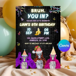 Invitation d'anniversaire modifiable avec une étiquette de gorille, téléchargement numérique modifiable, Gorillataginvitation, étiquette de gorille, fête d'anniversaire de jeu vidéo, jeux