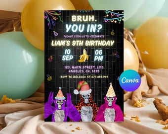 Bewerkbare Gorilla Tag-verjaardagsuitnodiging (digitale download)