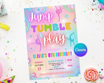 Editable Gymnastics Birthday Invitation, Gymnastics Party Invite, Girl or Boy Party template, Pink Gold Trampoline, Jump Tumble Play, Canva