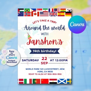 Bearbeitbar Auf der ganzen Welt Geburtstagseinladung | Bearbeitbar Reiseparty einladen | Welt Flaggen Design | Canva Vorlage | Digitaler Download