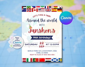 Editable Around the World Birthday Invitation | Editable Travel Party Invite | World Flags Design | Canva Template | Digital Download