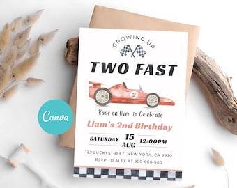 TWO Fast 2nd Birthday Invitation | Vintage Race Car, Editable Canva Template