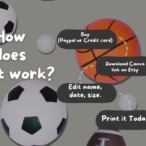 May include: How does it work? Buy (Paypal or Credit card) Edit name, date, size. Download Canva link on Etsy Print it Today! Illustration of a basketball, soccer ball, and football with text explaining how to purchase and customize a printable design.