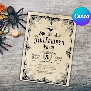 May include: A vintage-style Halloween party invitation with a black bat and floral design. The text reads "Spooktacular Halloween Party" with the date and time of the party. The invitation is on a cream-colored background.