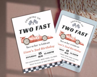 Verjaardagsuitnodiging raceauto | Uitnodiging voor snelle racewagen TWEE | Vintage raceauto 2e verjaardag | Bewerkbare canvassjabloon | Direct downloaden