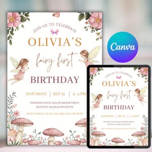 Puede incluir: Una invitación imprimible para una fiesta de primer cumpleaños con temática de hadas. La invitación presenta un esquema de color rosa y dorado con un diseño floral y el texto "Únete a nosotros para celebrar el primer cumpleaños de hada de Olivia".