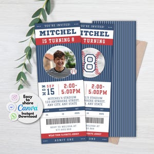 Editable Baseball Party Invitation Template, Modern Baseball, Boy Birthday Party, Any Age Sports Ticket Style Party, Download, Printable