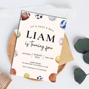 May include: A sports-themed birthday party invitation with a pink background and colorful illustrations of various sports balls. The text reads "Let's Have a Ball Liam is Turning Four Saturday August 12th 2PM-5PM Liam's House 123 Main Street, Los Angeles, CA 1235 RSVP to Melissa at 677.855.969"