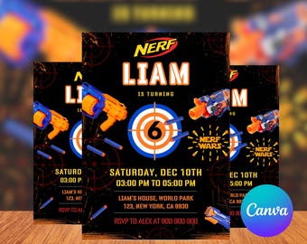 Nerf War afdrukbare uitnodiging, Nerf verjaardagsuitnodiging, Dart Gun Battle bewerkbare verjaardagsuitnodiging, feest feest jongens, Instant Download