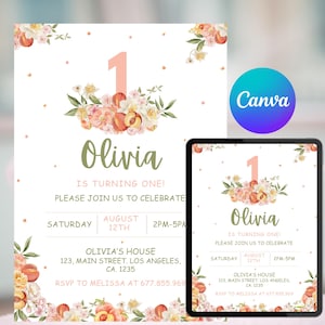 Editable One Sweet Peach Invitation, Girl 1st Birthday Invite, Peach Birthday Invite, Minimalist, 1st Birthday, Girl Blossom, Printable