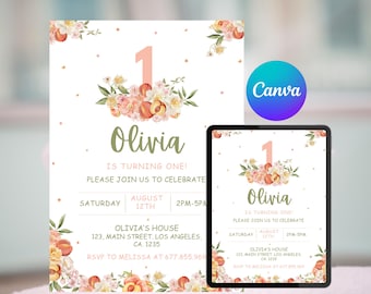 Invitación editable de primer cumpleaños con tema de melocotón dulce, imprimible (descarga digital)