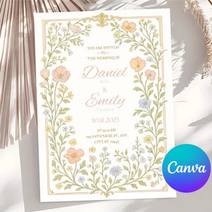 Op de afbeelding: Een trouwkaart met een bloemenrand in pastelkleuren. De uitnodiging luidt: "U bent uitgenodigd voor de bruiloft van Daniel & Emily Thompson 10.11.2025". Het Canva-logo staat rechtsonder.