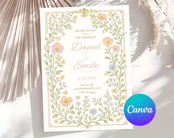 Elegante bloemenhuwelijksuitnodiging | Afdrukbare boho-huwelijksuitnodiging | Canvassjabloon | Trouwkaart met wilde bloemen | Bewerkbare directe download