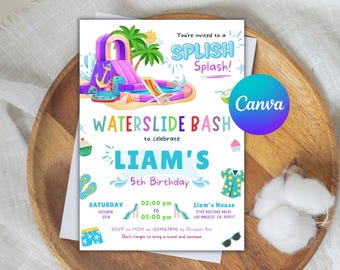 Puede incluir: Una invitación colorida para una fiesta de tobogán de agua para celebrar el quinto cumpleaños de Liam. La invitación presenta una ilustración de dibujos animados de un tobogán de agua, una piscina y palmeras. El texto dice "¡Estás invitado a un Splish Splash! Waterslide Bash para celebrar el quinto cumpleaños de Liam. Sábado 25 de octubre, de 2:00 pm a 5:00 pm. Casa de Liam, 3145 Doctors Drive, Los Ángeles, CA 90017. RSVP a mamá al 1234567890 antes del 5 de octubre. No olvides traer una toalla y un traje de baño."
