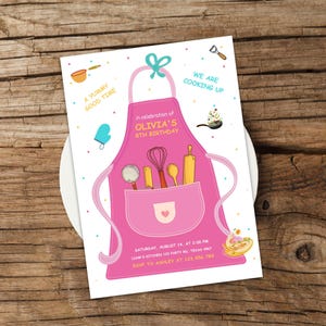 Printable Cooking Birthday Invitation, Pink Chef Apron, Editable Canva ...