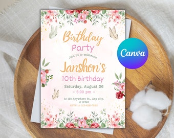Wildflower-verjaardagsuitnodiging voor verjaardagsfeestje, weide bloemen vrouw verjaardagsuitnodiging, cottage bloemen, canvas bewerkbare sjabloon, verjaardagsuitnodiging