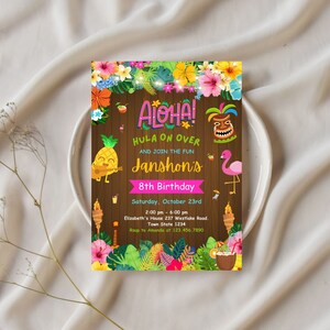 May include: A colorful invitation for an 8th birthday party with a luau theme. The invitation features a tropical background with palm trees, flowers, and a pineapple playing a ukulele. The text reads "Aloha! Hula on Over and Join the Fun Janshon's 8th Birthday".