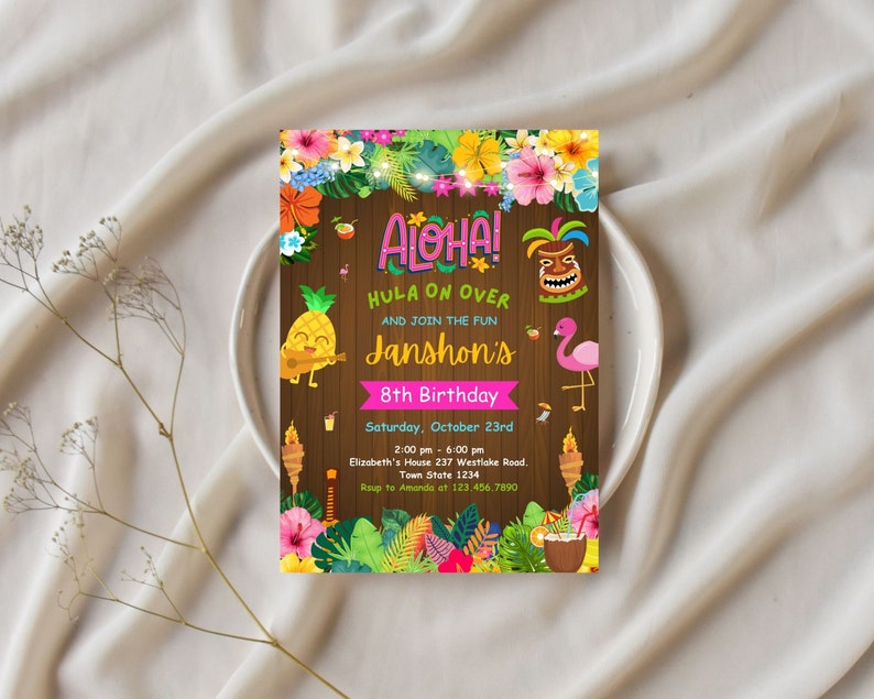 May include: A colorful invitation for an 8th birthday party with a luau theme. The invitation features a tropical background with palm trees, flowers, and a pineapple playing a ukulele. The text reads "Aloha! Hula on Over and Join the Fun Janshon's 8th Birthday".