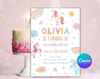 Editable Unicorn Birthday Invitation, Rainbow Party Template (Digital Download)
