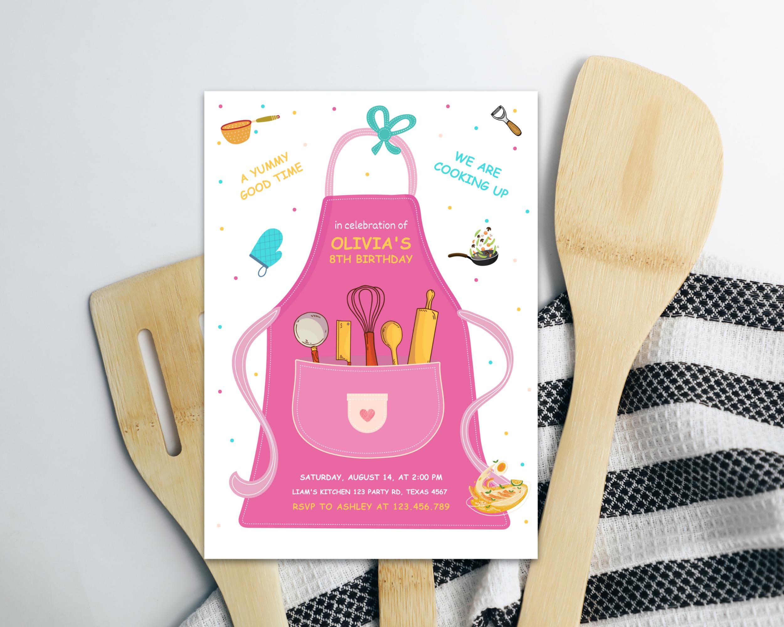 Printable Cooking Birthday Invitation, Pink Chef Apron, Editable Canva ...