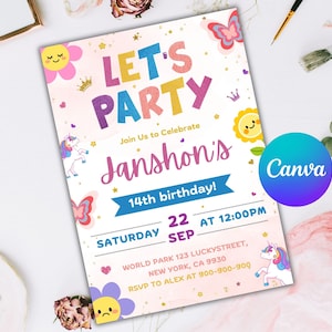 Invitación con parche, invitación de cumpleaños para niña, invitación preppy, fiesta universitaria con parches, plantilla editable de Canva, invitación para una fiesta.