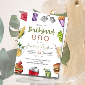 Op de afbeelding: Een witte uitnodigingskaart met een aquarel-illustratie van eten en drinken voor een barbecue in de achtertuin. De tekst luidt "Join us for a Backyard BBQ at the Janghon's Residence Saturday 22 September at 2:00 PM World Park 123 Luckystreet, New York, CA 9930 RSVP to Alex at 900-900-900"
