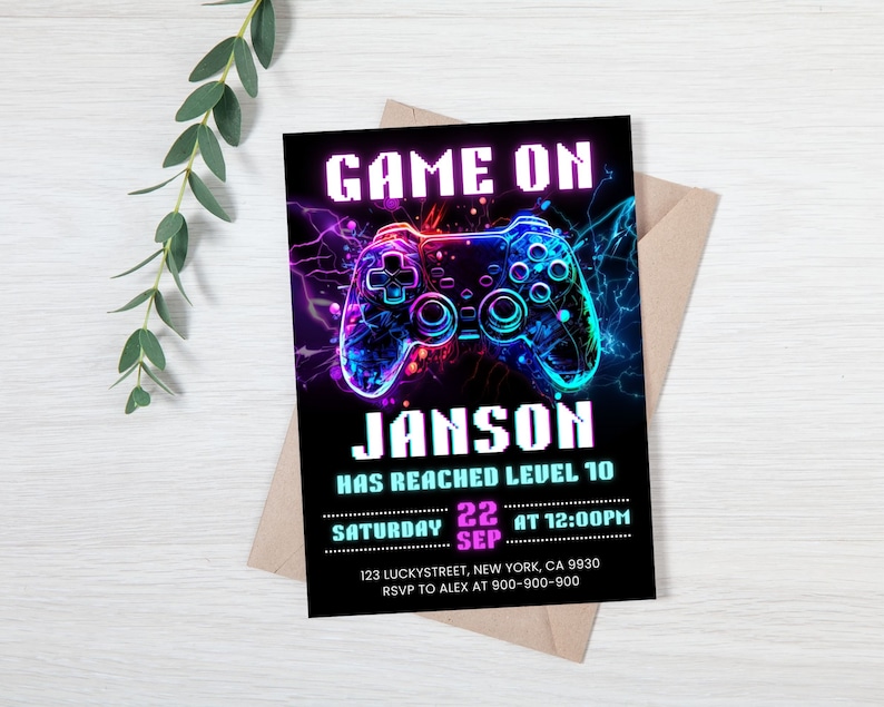 Neon Video Boy Gamer Birthday Invitation, Level up Party Invite ...