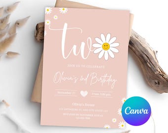 Editable Daisy 2nd Birthday Invitation, Girl Daisies Invite (Digital Download)