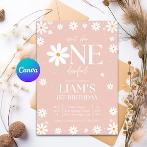 Invito per festa del 1° compleanno / Boho Neutral Tan Daisy Floral / Modificabile / Download immediato / Isn't She ONEderful / Festa del 1° compleanno Canva